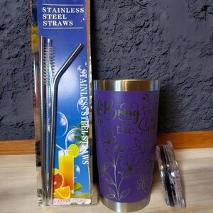 Elegant Purple Floral Tumbler with Stainless Steel Straw